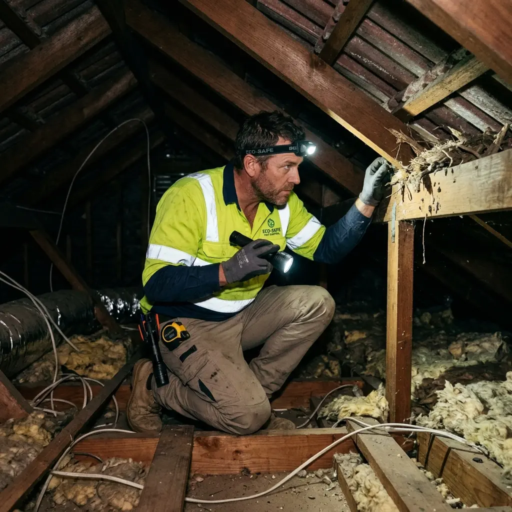 Technician inspecting a roof cavity for a dead animal in Patterson Lakes